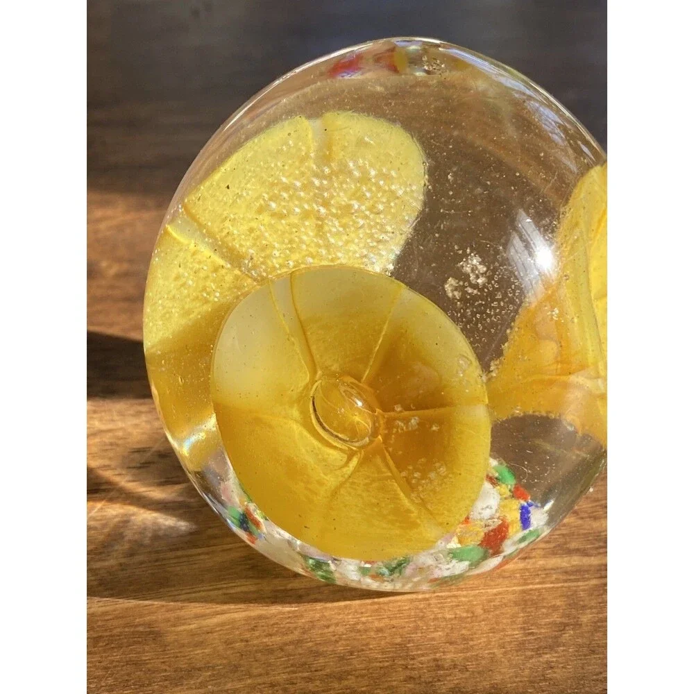 Art Glass Paperweight Yellow Trumpet Flower Blown Bubbles 3” Colorful Floral